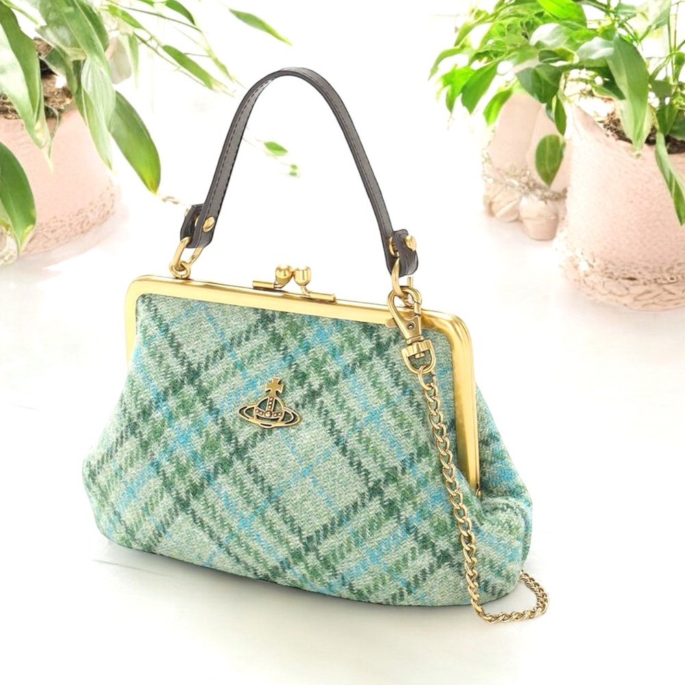 Vivienne Westwood Framed Elena Green Tartan Wool Plaid Bag RARE